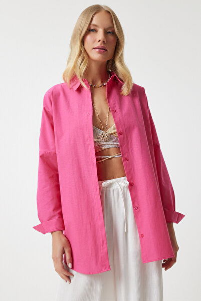 Happiness İstanbul Kadın Koyu Pembe Oversize Uzun Basic Gömlek  DD00842