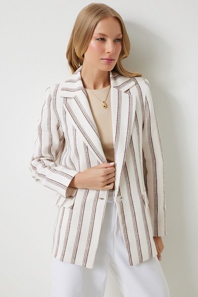 Happiness İstanbul Braune Blazerjacke aus Leinenmischung – Knochenfarben gestreift und wattiert GP00006