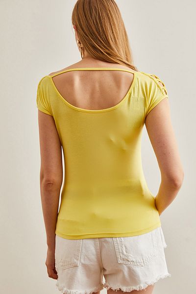 Olalook Gelbe Viskose-Strickbluse – Überkreuzte Paspelierung, BLZ-19002658