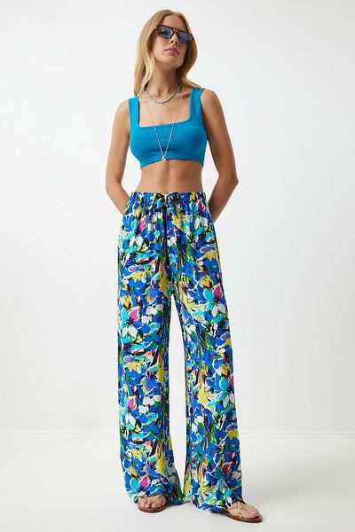Happiness İstanbul Gelb-blau gemusterte Palazzo-Hose aus Viskose für Damen - EN00606