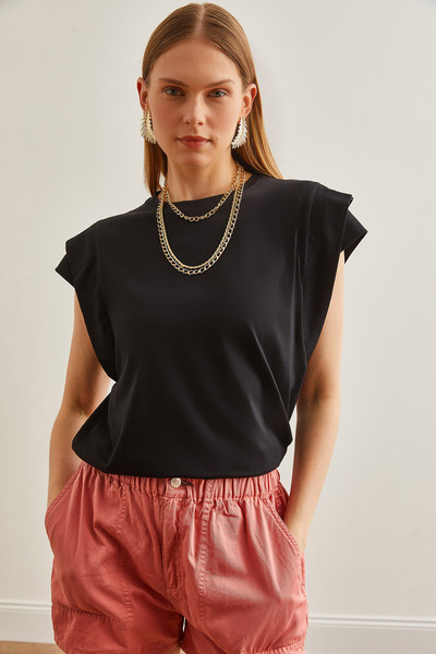 Olalook Γυναικείο μαύρο βαμβακερό μπλουζάκι - Λεπτομερές μανίκι TSH-19000819