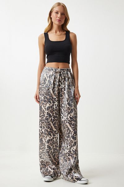 Happiness İstanbul Black Beige Leopard Patterned Women's Palazzo Trousers - PB00028