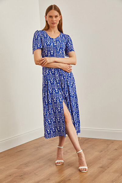 Olalook Ethnic Saks kék kötött ruha - V-nyakú és öv részletes ELB-19002048