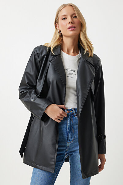 Happiness İstanbul Kadın Siyah Suni Deri Kruvaze Yaka Kısa Trençkot RV00156