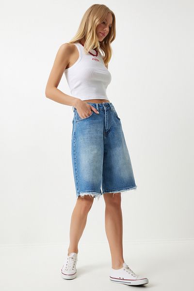 Happiness İstanbul Dámské bermudy Baggy Cut Blue Denim - HE00003