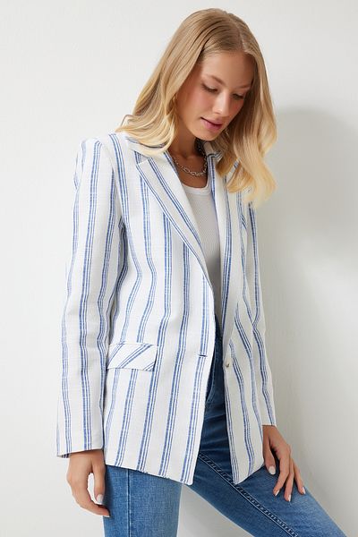 Happiness İstanbul Ecru-blau gestreifte Blazerjacke aus Leinen – wattiert GP00006