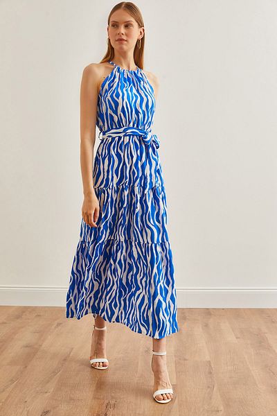 Olalook Zebra mintás Saks Blue Viscon Halter nyakú ruha - öves, ELB-19001548