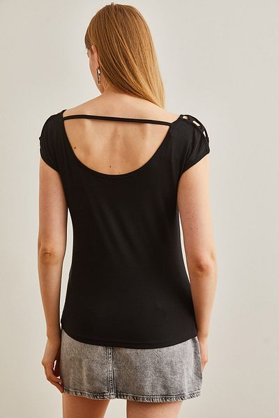 Olalook Schwarze Viskose-Strickbluse – Überkreuzte Paspelierung, BLZ-19002658