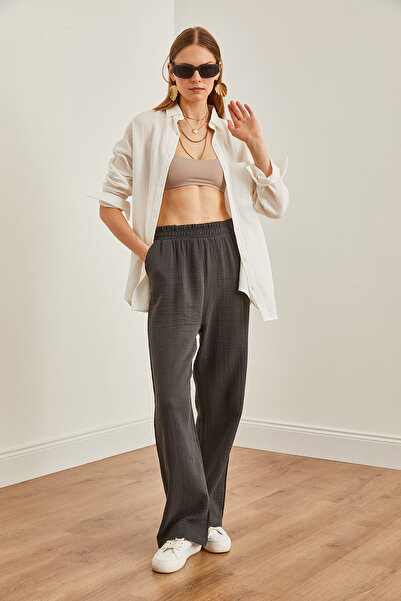 Olalook Anthracite Muslin Women's Trousers - Elastic Waist, Pockets PNT-19000279