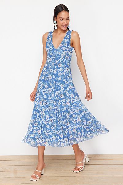 Trendyol Collection Rochie tricotată cu decolteu în V cu imprimeu floral albastru TWOSS24EL00384