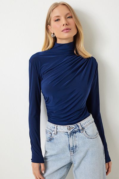 Happiness İstanbul Kobaltblaue Sandy-Bluse – Stehkragen und gerafftes Detail FF00135