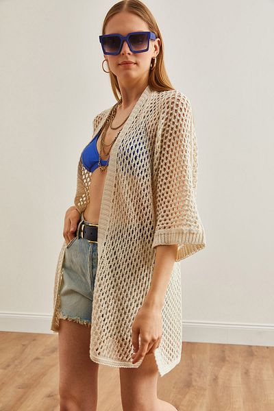 Olalook Steinfarbener Damen Cardigan mit Seitenschlitzen - HRK-19000289