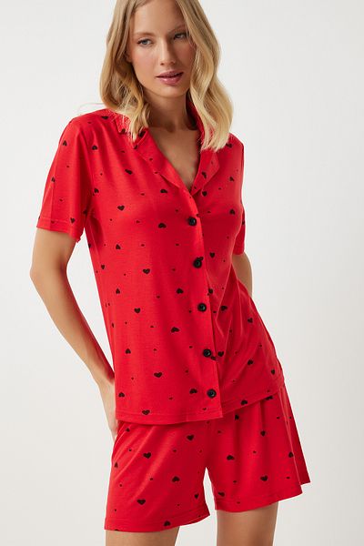 Happiness İstanbul Red Viscose Women's Pajamas Set - Heart Shorts and Shirt EC00035