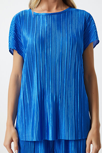 Happiness İstanbul Kék rakott kényelmes női blúz és nadrág szett - MC00283