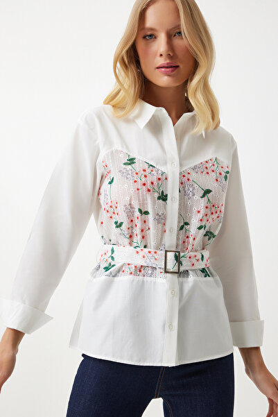 Happiness İstanbul Dámská košile Ecru - růžová květinová výšivka, tkaná TP00045