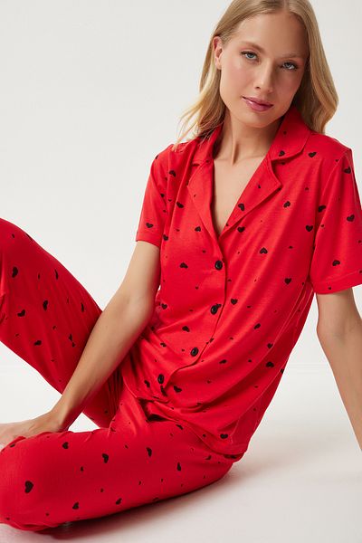 Happiness İstanbul Red Heart Damen-Pyjama-Set – Hemd und Hose EC00036