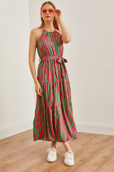Olalook Zebra Fuchsia Grün Viskose Neckholder Kleid - Gürtel, ELB-19001548