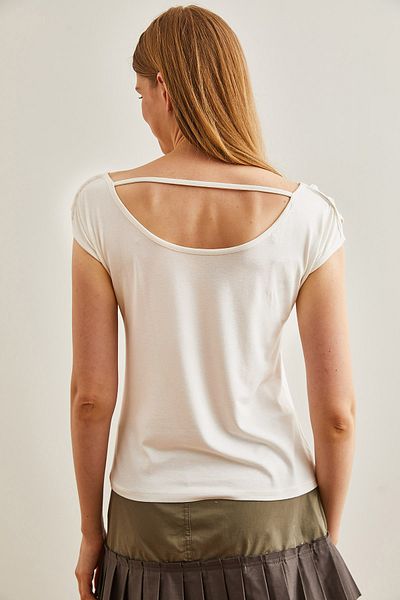 Olalook Weiße Viskose-Strickbluse – Überkreuzte Paspelierung, BLZ-19002658