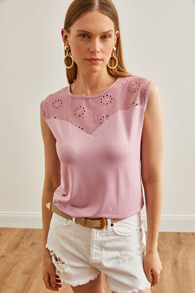 Olalook Πλεκτή μπλούζα από αποξηραμένο τριαντάφυλλο βισκόζης - Λεπτομέρεια χτένι, BLZ-19002657