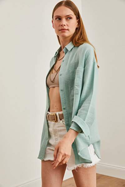 Olalook Kadın Çağla Yeşili Oversize Basic Müslin Gömlek GML-19001217