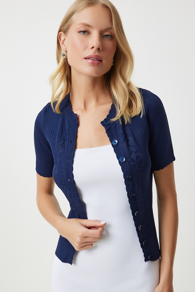 Happiness İstanbul Sötétkék áttört női kötöttáru szezonális kardigán - OW00044