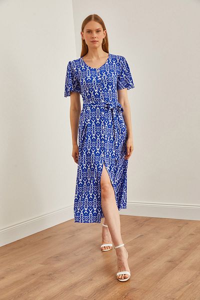 Olalook Ethnic Saks kék kötött ruha - V-nyakú és öv részletes ELB-19002048