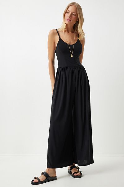 Happiness İstanbul Letní overal Black Strappy - Široká noha DD01328