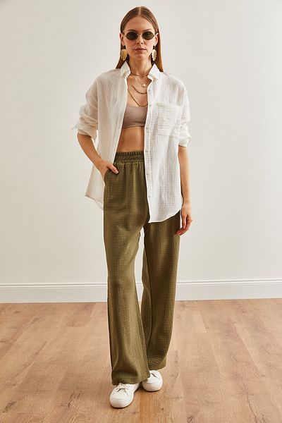 Olalook Pantaloni de muselină kaki - femei, talie elastică, buzunare, PNT-19000279