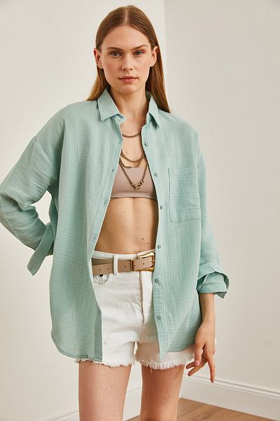 Olalook Grünes Oversize-Musselin-Damenhemd - GML-19001217