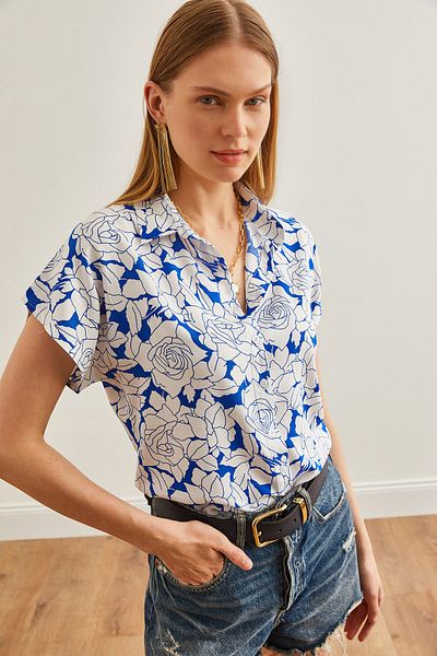 Olalook Cămașă de damă cu model White Saks Blue Rose - mânecă liliac GML-19001218