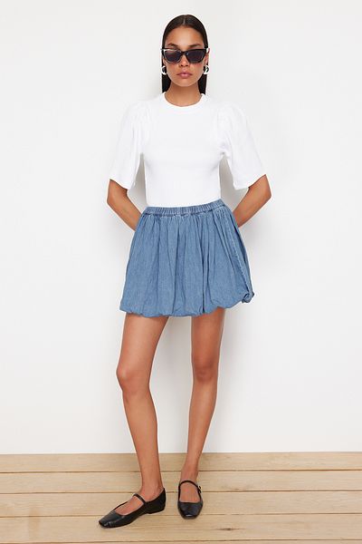 Trendyol Collection White Balloon Sleeve Crew Neck Ribbed Flexible Knitted Blouse TWOSS24BZ00160