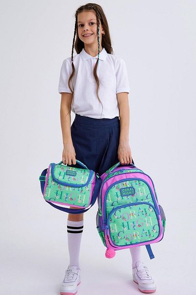 Coral High Geantă de școală cu monogramă verde apă și roz deschis din 3 piese - SET 0114410