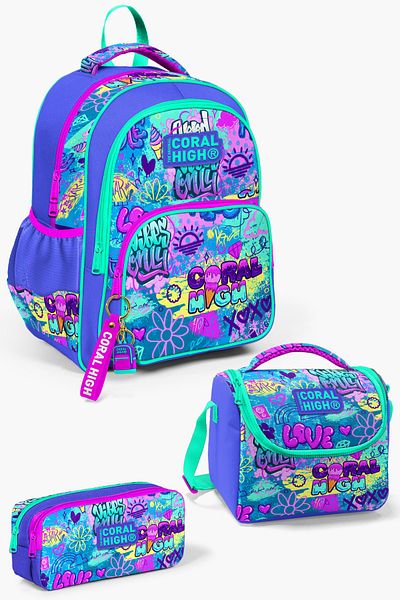Coral High Set de geanți de școală pentru copii, lavandă, apă verde, cu model graffiti, 3 piese SET0114414
