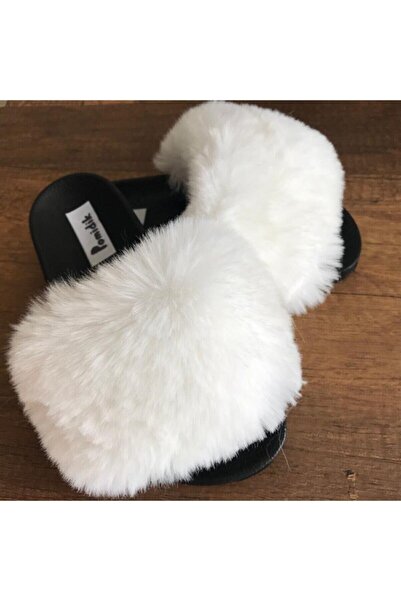 Pomidik Women's White Soft Loose Furry Single Strap Summer Slippers