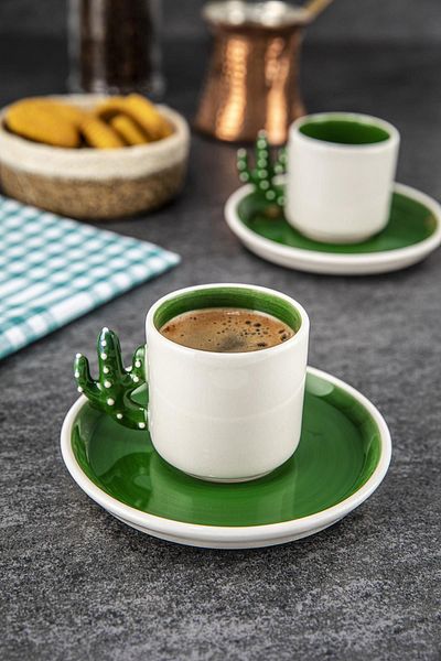 Doreline Cactus Handmade Turkish Coffee, Espresso Cup Green 2 Pieces, Gift 2 Cup