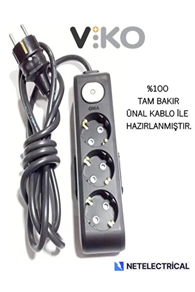 VİKO Multi-let Siyah 3lü Anahtarlı 6 Metre Topraklı Çocuk Korumalı Kablolu Gr...