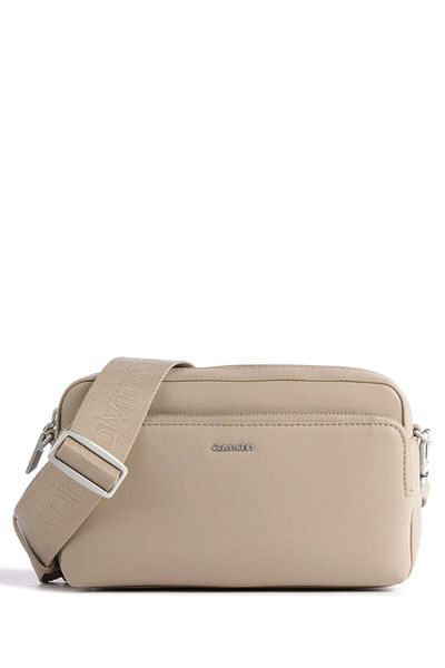 Calvin Klein Women's Leather Brand Logo Strap Zippered Beige Shoulder Bag K60K608410-PFA