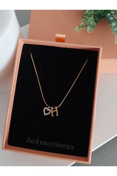 LUCKY ACCESSORIES Çelik Zincir Zirkon Taşlı Kalp Ve Harf Kolye H Harfi