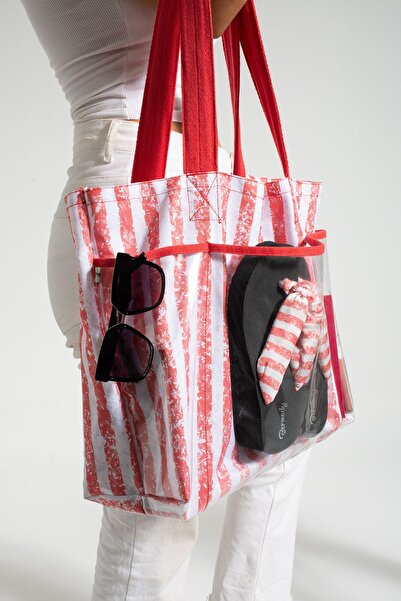 Bermody Κόκκινη τσάντα παραλίας με μαλακή λαβή πολλαπλών τσέπης, αδιάβροχη