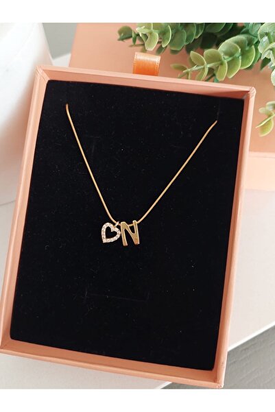 LUCKY ACCESSORIES Çelik Zirkon Taş Kalp Ve Düz Harf Kolye N Harfi