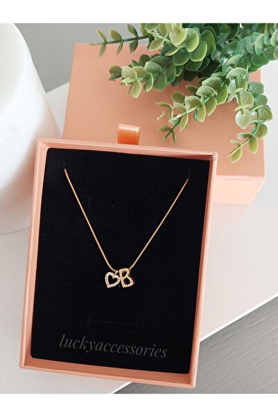 LUCKY ACCESSORIES Çelik Zincir Altın Kapama Harf Ve Zirkon Kalp Kolye B Harfi