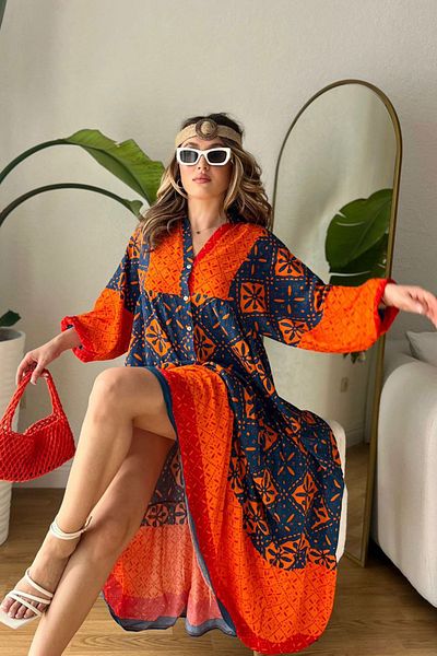 AYASOFYA OTANTIK Orange Navy Blue Ethnic Patterned Placket Collar Buttoned Balloon Sleeve Long Women's Dress