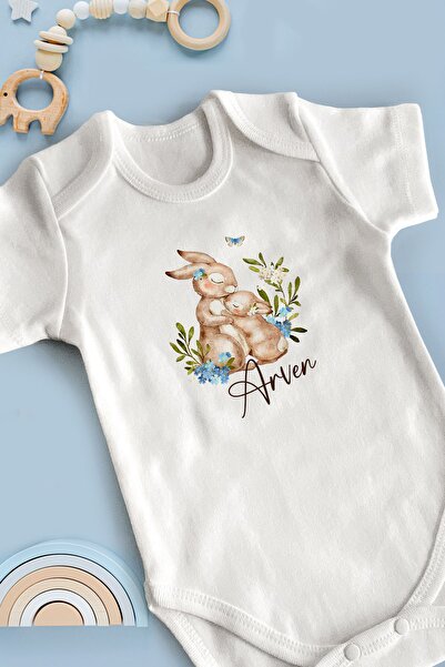 Homamia İsme Özel Sincap Tasarımlı Beyaz Kısa Kollu Bebek Body %100 Organik P...