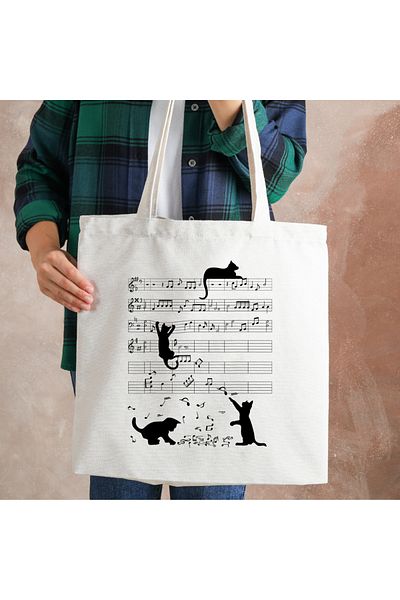 Cemira Cat's Music, Left Key Music Themed Thick Cloth Bag, Shoulder Bag, Tote Bag