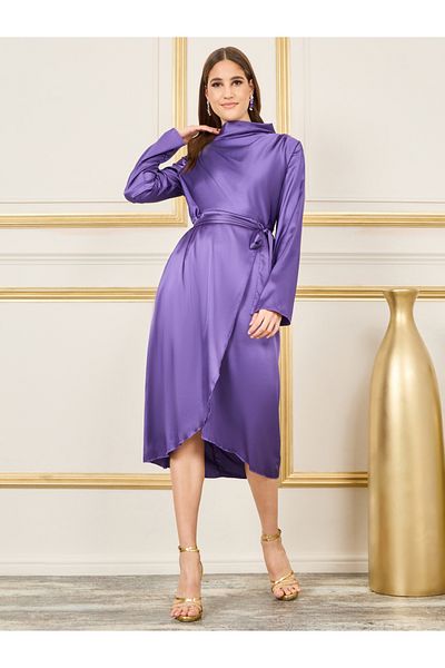 Styli Satin High Neck Self Tie Up A-Line Midi Dress