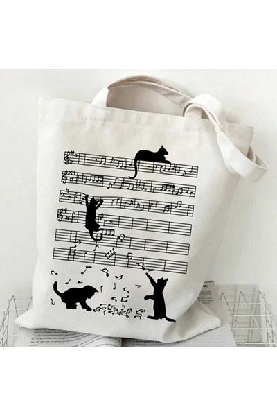 Cemira Cat's Music, Left Key Music Themed Thick Cloth Bag, Shoulder Bag, Tote Bag