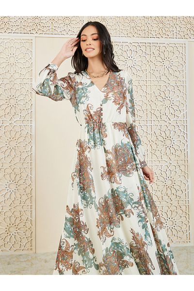Styli Paisley Print Gathered Detail A-Line Maxi Dress