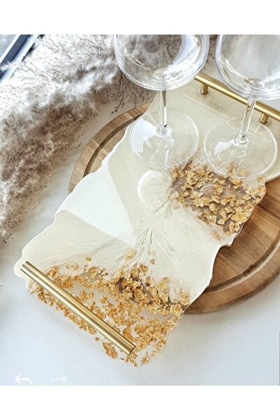 Sultan Tasarım Altın Varaklı Dikdörtgen Dalgalı Desenli Iki Kişilik Söz Nişan Damat Epoksi Sunum Tepsisi