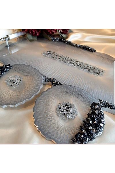 Sultan Tasarım Large Size Silver Leaf Wavy Patterned Promise Engagement Groom Epoxy Tray Coaster Set