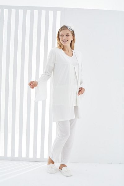 ERDENİZ TEKSTİL 3-Piece Maternity Pregnant Women's Pajamas Set - Nursing Feature, 55% Cotton and 45% Polyviscose